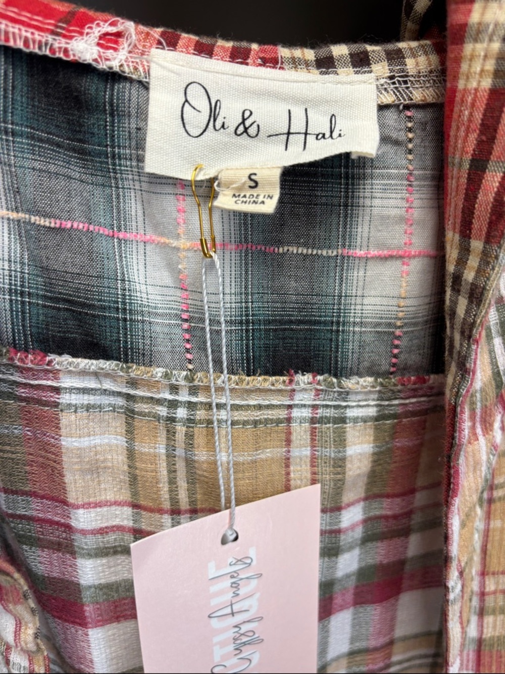 Oli & Hali Plaid Patchwork Tie Front Hooded Duster in Pink, Tan & Green New Sz S - Picture 2 of 6